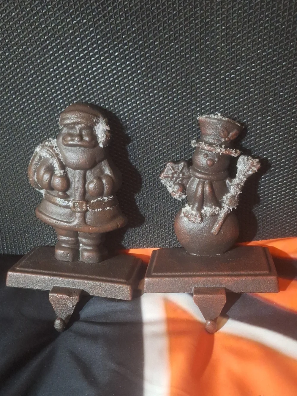 Brown Santa and Snowman Stocking Holders - Holiday Mantel Decor